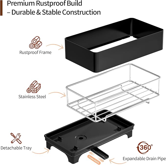 MOUKABAL Sponge Holder for Kitchen Sink, Rustproof Stainless Steel Black | Large Capacity/360° Rotating Drain Keeps Counter Dry/Holds Sponges & Soap Bottle/Easy-Clean Removable Tray - Image 2