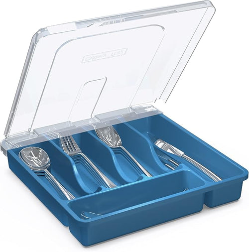    , Plastic Silverware Tray for Drawer, 5 Compartments Utensil Holder for Countertop, Navy Blue by ConferenceTable