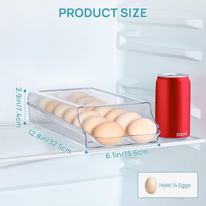 Vtopmart 1 Pack Egg Holder for Fridge, Automatic Rolling Egg Container | Stackable Clear 14-Count Eggs Organizer with Removable Inner Tray, Egg Storage for Refrigerator, Space Saving - Image 2