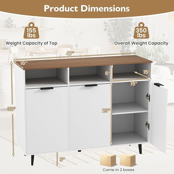 GIANTEX Sideboard Cabinet, 47" Kitchen Buffet Cabinet w/Storage Compartment | Credenza Buffet Table with Compartments, Countertop, 3 Doors for Living Room, Entryway, Coffee Bar - Image 3