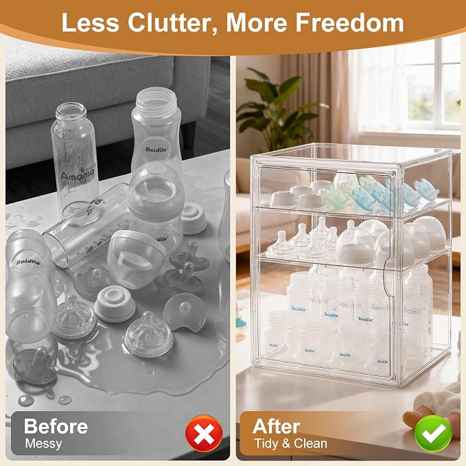 ERTIUANIO Baby Bottle Organizer – 3 Tier Acrylic Bottle Storage Organizer container, Clear Plastic Bottle Station Organizers Drawers for Countertop Kitchen Cabinet Vanity, Bathroom, Gifts for New Mom - Image 3