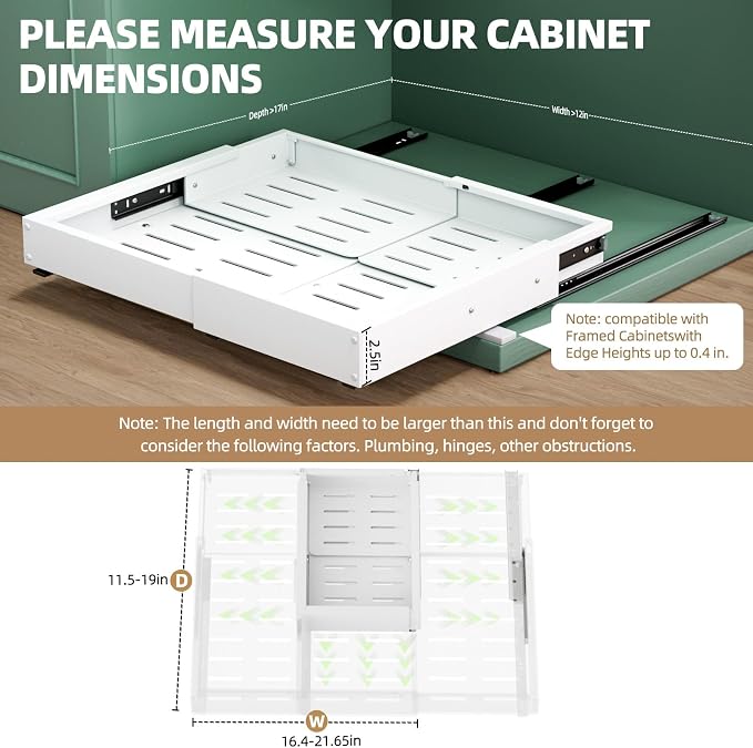 Expandable Pull Out Cabinet Organizer, Adjustable Width 12"-19" & Depth 16.5"-22", 4-Side Extension, 5 Slide Rails for Heavy Duty Use, Adhesive Roll Out Shelves for Kitchen Cabinets, White 1PCS - Image 2