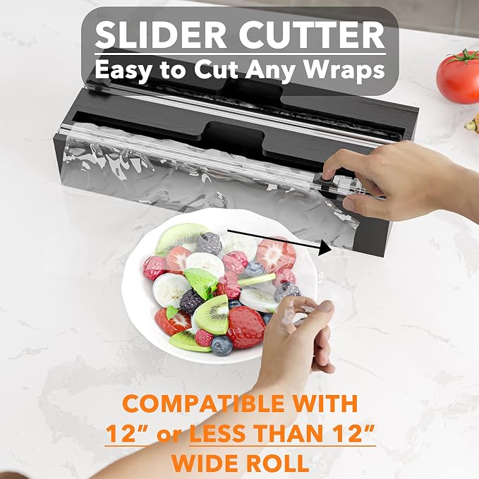SpaceAid WrapNeat 2 in 1 Wrap Organizer with Cutter and Labels, Plastic Wrap, Aluminum Foil and Wax Bamboo Dispenser for Kitchen Storage Organization Holder for 12" Roll (Black) - Image 5