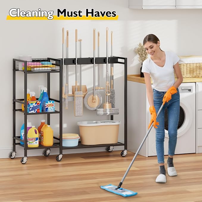 Broom Holder with Cleaning Supplies Organizer, Movable Broom Closet Storage Cabinet with Cleaning Caddy, Cleaning Cart with Mop Rack, Janitorial Housekeeping Cart on Wheels, Laundry Room Organization - Image 9