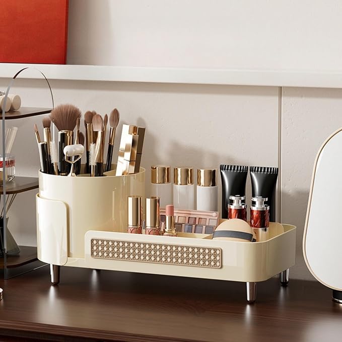 Booklov Rotating Makeup Organizer for Vanity Countertop, Cream | Plastic Cosmetic Display Case, Large Beauty Brush Holder for Bathroom Counter, Skin Care Perfumes Storage - Image 4