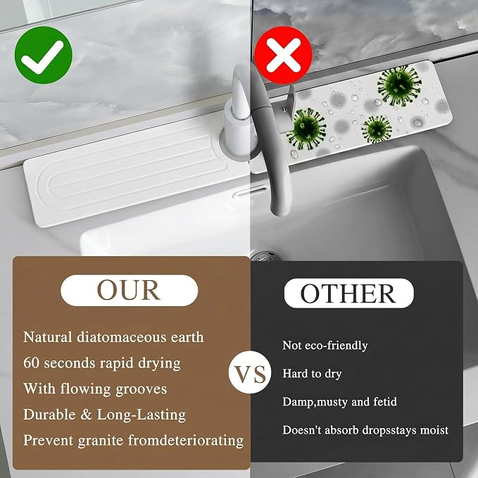 Diatomite Faucet Mat for Kitchen Sink, Quick-Dry Stone-Like Sink Mat, Flat Lay Absorbent Countertop Drying Mat for Faucet Area, Hard Diatomite Mat, White, 15.8 x 4 in - Image 6