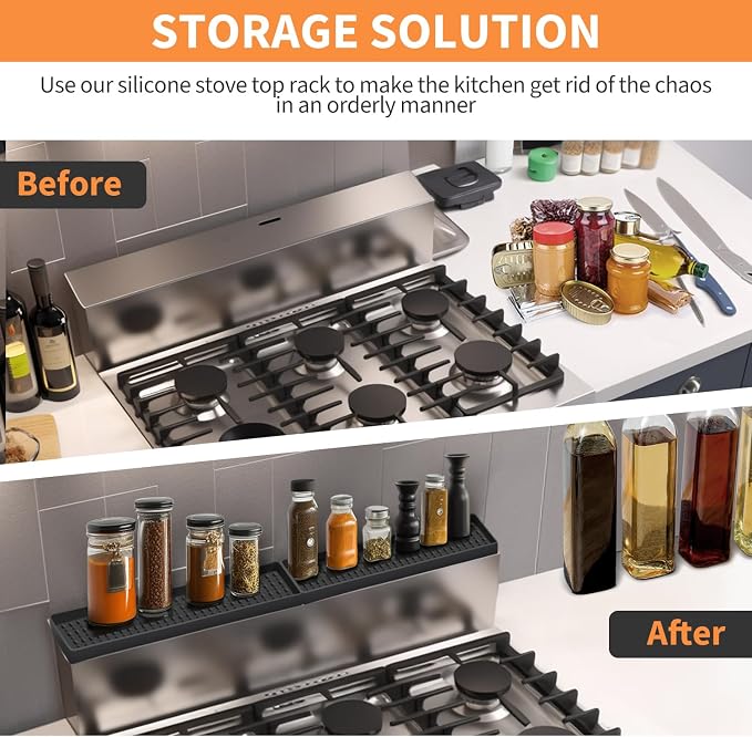 30 Inch Silicone Magnetic Stove Top Shelf, Kitchen Shelf Over Stove Spice Rack Apartment Must Haves Kitchen Gadgets for Above Stovetop Seasoning Organization and Storage with 2 Functional Prtitions - Image 2