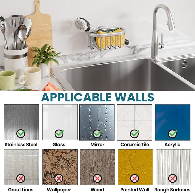 TAILI Sponge Holder for Kitchen Sink with Suction Cup-Silver, Aluminum | Rustproof Aluminum Sink Caddy for Sponges,Brushes,Stoppers & Scrapers,Removable Ventilated Quick-dry Design, holds Up 11lbs - Image 8