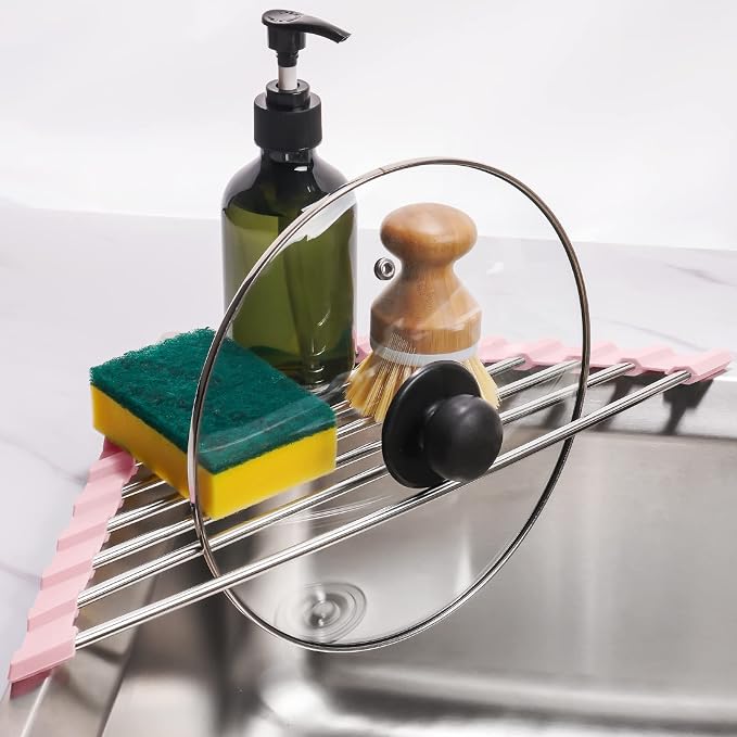Tomorotec Triangle Foldable Dish Drying Rack, Small Roll-Up Stainless Steel Over Sink Drainer for Kitchen Sink Corner, Rustproof Multipurpose Organizer(Pink) | BPA-Free Food-Grade Silicone Edges Foldable Waterproof Rustproof Heavy-Duty Space Saver Heat... - Image 8