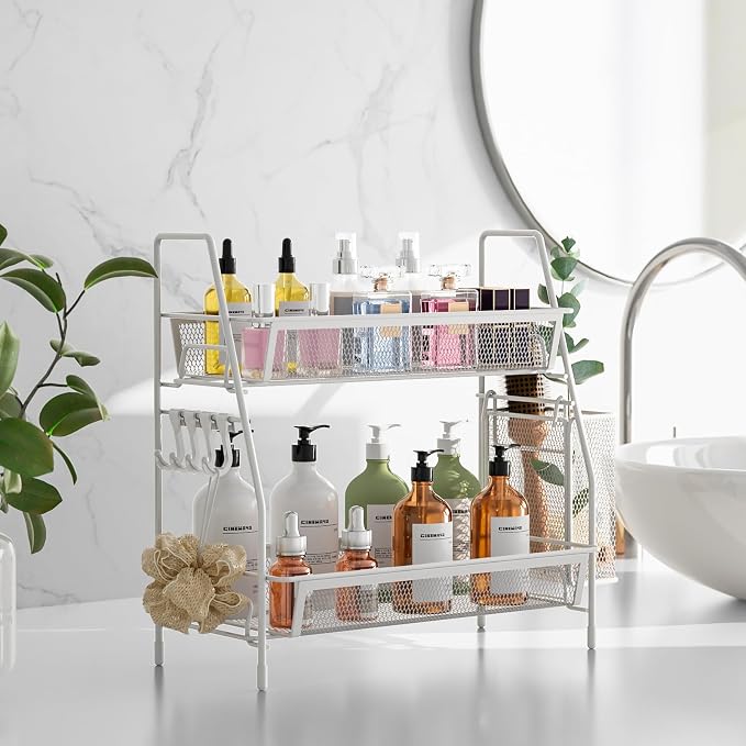 2 Tier Bathroom Countertop Organizer, Vanity Storage Shelf, Small, White | Bathroom Counter Organizer, Vanity Makeup Tray Shelf, Kitchen Spice Rack, Metal Wire Mesh, with Basket Hooks - Image 2