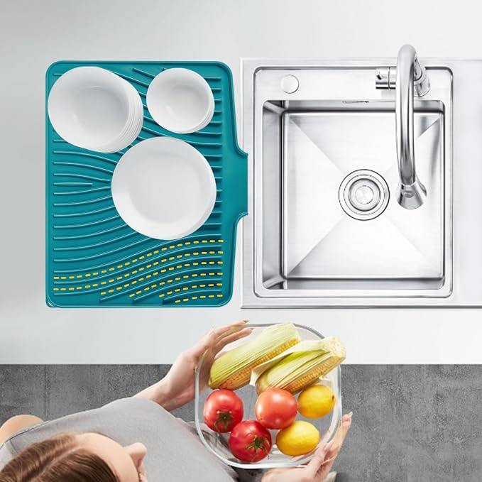 TIKNIK Silicone Dish Drying Mat for Kitchen Counter, Green-1pcs, 16" x 12" | Heat Resistant & Non-Slip Dish Drain Pad with Built-In Drain, Dishwasher Safe, Quick-Dry, Hangable & Roll-Up for Storage - Image 6