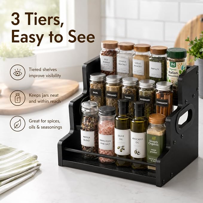 3 Tier Spice Rack Organizer for Cabinet, Wood Spice Shelf Storage, Kitchen Seasoning Organizer for Kitchen Countertop or Pantry, Spice Bottles, Bottles, Black - Image 3