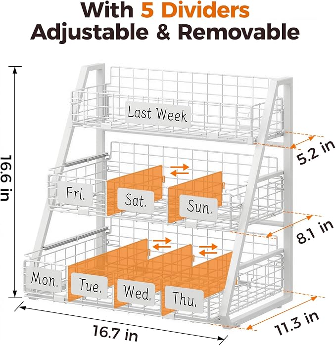 Egg Holder Countertop with 3 Pull-Out Tier Baskets, White | Sturdy Metal Frame, 5 Adjustable Dividers,7 Date Tags, Egg Basket for Gathering Fresh Eggs, Chicken Coop Accessories - Image 4