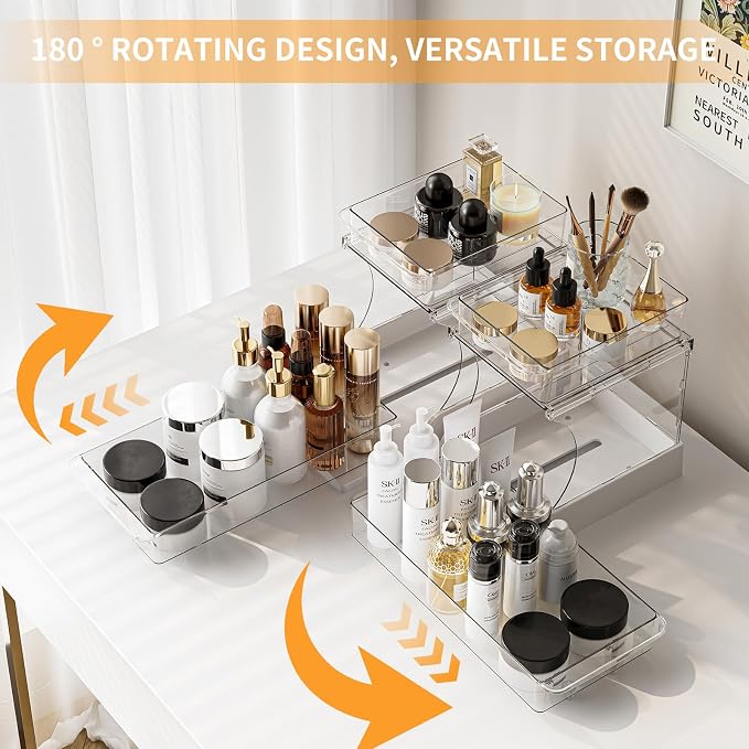 Jsyrjing 2 Pack Pull Out Spice Rack, 2 Tier Clear Cabinet Organizer | Rotating Pantry Organizer for Kitchen, Bathroom and Makeup Storage, Sliding Drawer Design for Under Sink Cabinets - Image 5