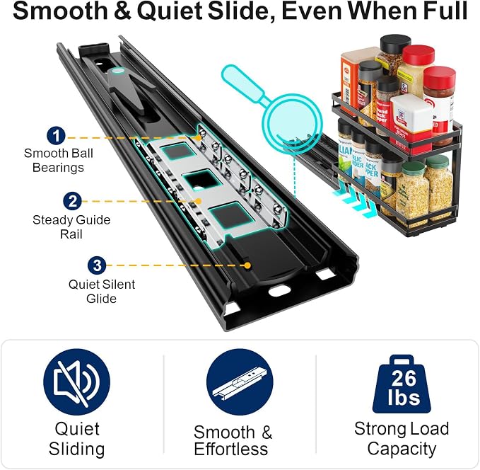 2 Tier Pull Out Spice Rack - for Inside Cabinet with Front Lips | Peel-and-Stick No Drilling Setup, Smooth Slide Access for 1-8 Oz Spice Jars, Cabinet Storage, Daily Cooking Use, Daily - Image 6