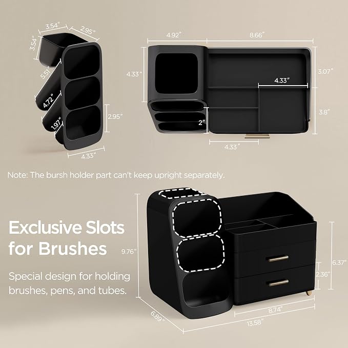 HBlife Cologne Organizer for Men Makeup Organizer with Brush Holder for Vanity, Large Plastic Bathroom Countertop Organizer Skin Care Storage, Fathers Day Gift for Dad Husband, All Black - Image 3