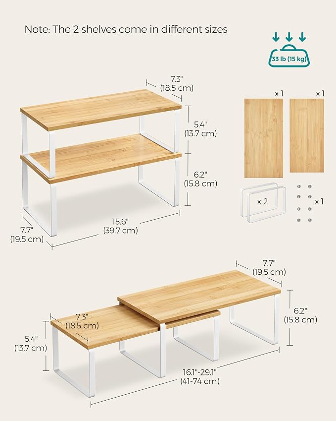 SONGMICS Cabinet Organizer Shelf, Set of 2 Spice Rack, Kitchen Storage | Kitchen Counter Storage Spice Rack, Steel, Bamboo, Light Bamboo and Matte White, BYSTRO Collection UKCS200W01 - Image 6