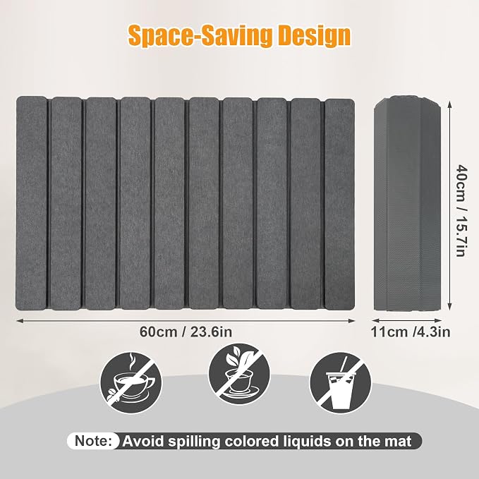 Beslands Large Stone Drying Mat for Kitchen Counter, 24"x16" Diatomaceous Earth Dish Drying Mat with EVA, Quick Dry & Non-Slip Foldable Roll up Stone Mat for Dishes, Bottles, Pots, Sink Dark Gray - Image 6