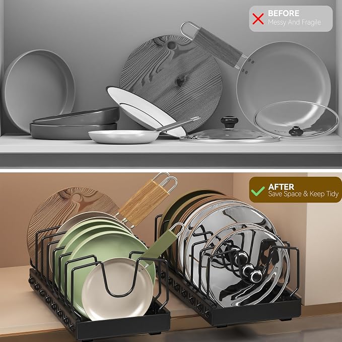 Pull Out Pot Lid Organizer, Cabinet Pan Rack, 10 Dividers | 2-pack black carbon steel rack, 16 adjustable dividers, quiet slide rails, adhesive or screw mount for lids, pans, bakeware - Image 4