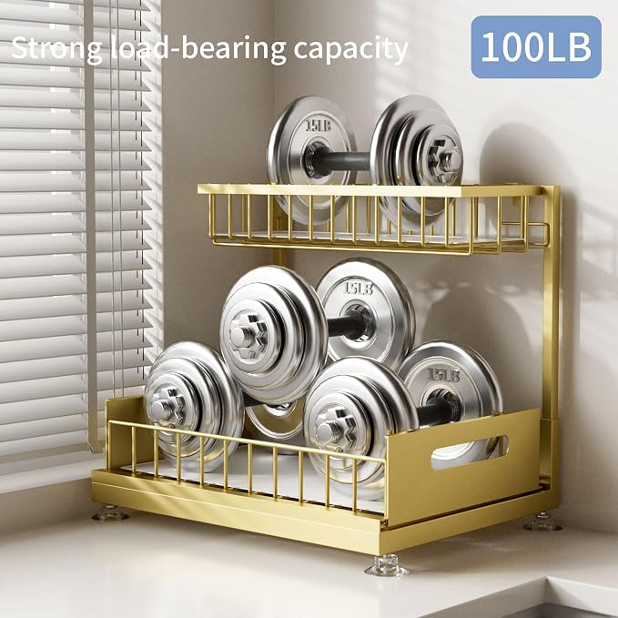 L-Shaped Under Sink Organizer, 2-Tier Pull-out Cabinet Rack 1-Pack | Gold Height-Adjustable Steel Rack, Sliding Grid Drawers with PP Liners, Holds 100 Lbs, Suction Base, Ideal Kitchen Storage - Image 4