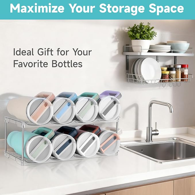 spospo Stackable Water Bottle Organizer Large Compartment Bottle Holder | Tumbler Organizer for Stanley 40 oz Cup, Kitchen Cabinet Storage Organizer for Stanley Cup Accessories, 2 Tier Hold 8 Bottle - Image 5