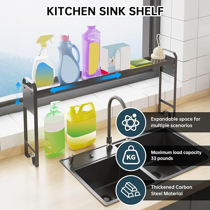 Over The Sink Shelf & Window Plant Shelf, Expandable Kitchen Organization | Adjustable in Height & Length, Multi-Purpose Storage Rack, For Stove, Bathroom, Study - Image 2