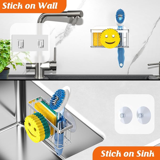 MURLONG Sponge Holder Smiley Face,Sink Caddy for Kitchen Sink,Sponge Holder with 2 PCS Suction Cups/1 PCS Adhesive Strips,Designed for Sponge,Soap,Dish Brush,Scrubber-Silver - Image 7