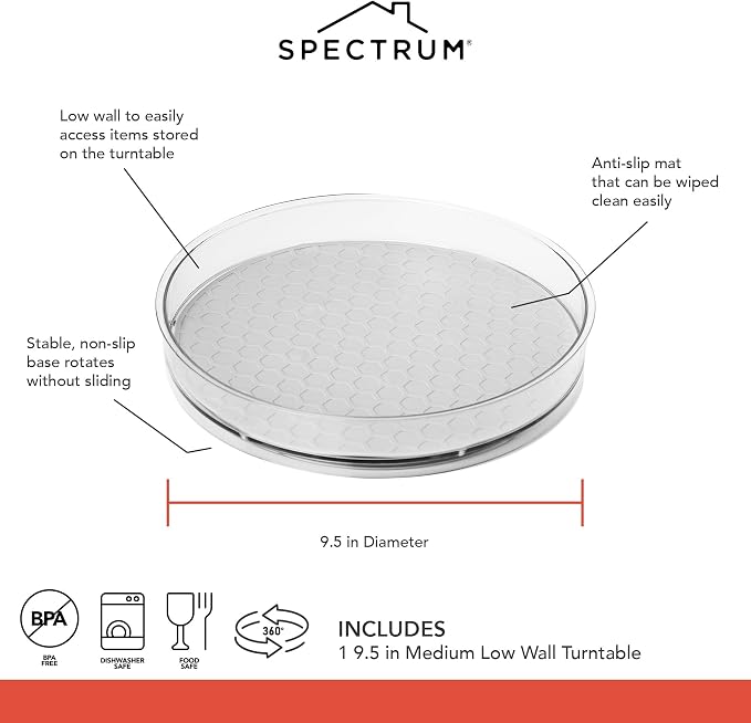 Spectrum Medium Lazy Susan Organizer 9.5 in for Cabinet Refrigerator Pantry Table Rotating Kitchen Storage Spice Rack Fridge Organization, Oyster Gray Spinning Turntable for Sauces Jams Condiments - Image 4