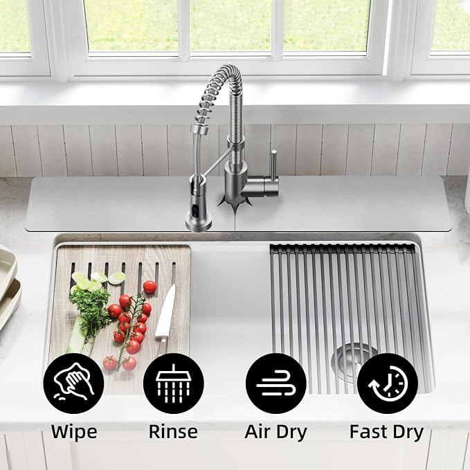 LOPNUR Cuttable Faucet Mat for Kitchen Sink, Long 29x5.5 Inch, Dark Grey | Super Absorbent & Fast Dry Diatomite Sink Splash Guard, 0.8-2.4 Inch Adjustable Faucet Hole, Cut to Fit Bathroom & RV Sinks - Image 4