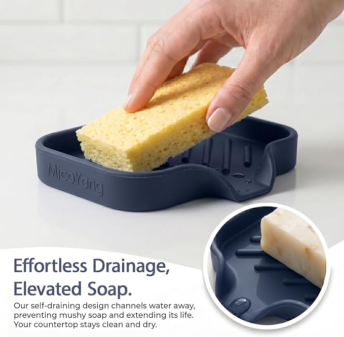 MicoYang Silicone Soap Dish with Drain Spout, Self-Draining Sink Organizer Tray for Bathroom and Kitchen, Sponges, Dispensers & Soap Holder, Non-Slip & Dishwasher Safe, Navy Blue (Compact, 4.9"×3.2") - Image 7