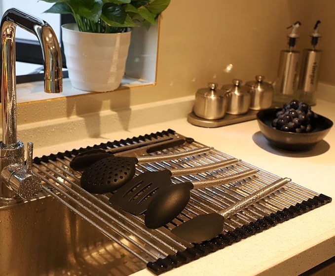 Ahyuan Roll up Dish Drying Rack Over The Sink Kitchen Roll up Sink Drying Rack Portable Dish Drainer Foldable Dish Drying Rack (Black, 17.8''X15.8'') - Image 4
