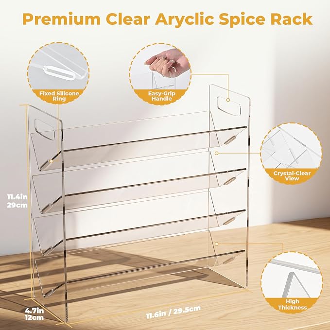 4-Tier Acrylic Spice Rack Organizer with 24 Glass Spice Jars and Wooden Lids, Clear Spice Shelf for Cabinet, Countertop, Pantry, Easy Assembly Seasoning Holder, Compact 11.6" W x 11.4" H - Image 4