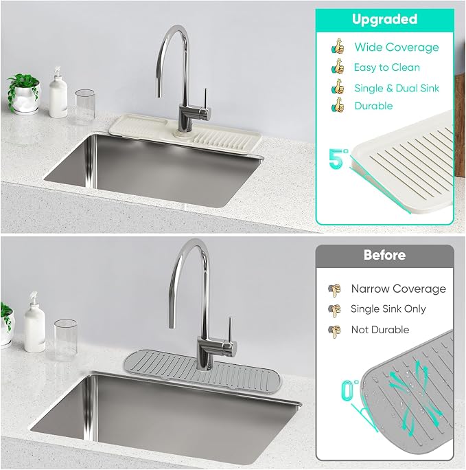 17.7inch Faucet Mat for Kitchen Sink [5°Slope Fast Self-draining] Faucet Mat Kitchen Sink Splash Guard Silicone Sink Splash Guard Kitchen Sink Area Tidy Splash Faucet Guard Draining Mat-Beige - Image 6