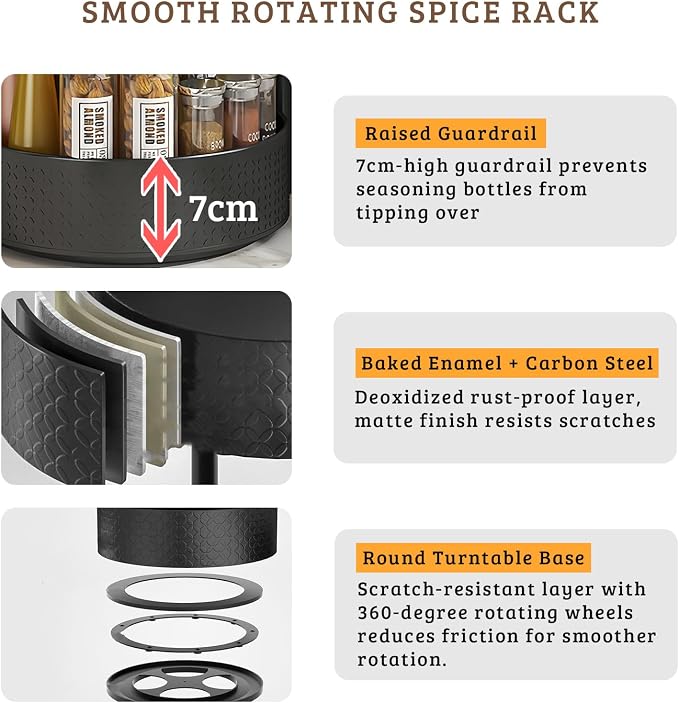 Rotating Spice Rack with Paper Towel Holder, Black | 2 Tier Turntable Lazy Susan, Durable Iron, Seasoning Organizer, For Kitchen Countertop - Image 7