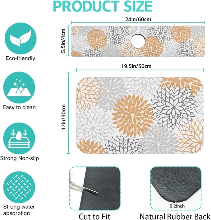 Dish Drying Mat for Kitchen Counter Matt, 2PCS 19"x12" Dish Drainer Mat & 24"x5.5" Sink Splash Guard, Super Absorbent Non-slip Rubber Backed - Image 2