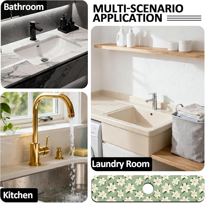 2 Pcs Kitchen Sink Splash Guard Faucet Mat Lily Faucet Mat for Sinks Flowering Plant Absorbing Drying Mats for Kitchen Bathroom, 23.6x5.5inch - Image 7