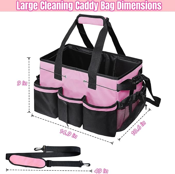 BLIRITEL Large Cleaning Caddy Bag with Handle, Cleaning Caddy Organizer with Shoulder Strap, Multi-Compartment Cleaning Supply Tote for Cleaners & Housekeepers (Pink) - Image 3