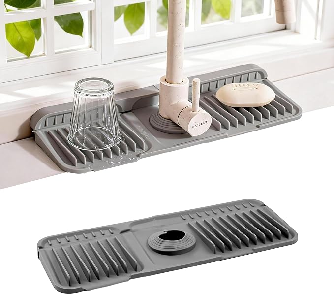 ZJWZLG Faucet Mat for Kitchen Sink, 14"X5.5" Silicone Sink Splash Guard , Snap-On Design & 7°slope Fast Drain, Folding Sink Faucet Mat for Universal Kitchen Bathroom Sink(Grey) by ZJWZLG