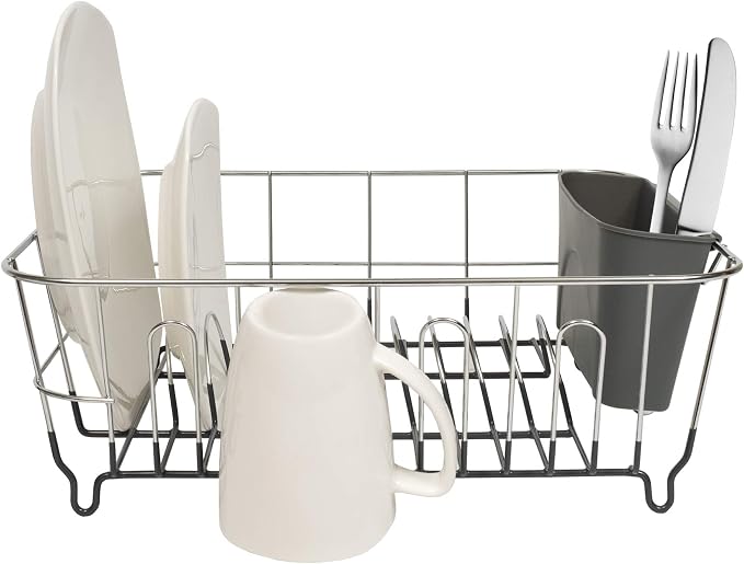 Sweet Home Collection 2 Piece Dish Drying Rack Set Drainer with Utensil Holder Simple Easy to Use Fits in Most Sinks, 12" x 14.5" x 5", Dark Gray, 1 - Image 3