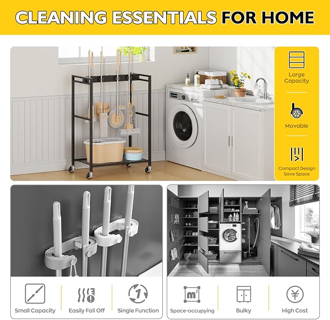 BORISI Broom And Mop Holder, Movable Broom Closet Storage Cabinet, Cleaning Cart with Mop Hanger Gripper Rack, Janitorial Cart, Utility Carts, Laundry Room Organization Home Essentials - Image 7