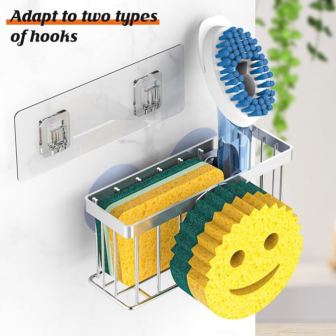 MURLONG Sponge Holder Smiley Face,Sink Caddy for Kitchen Sink,Sponge Holder with 2 PCS Suction Cups/1 PCS Adhesive Strips,Designed for Sponge,Soap,Dish Brush,Scrubber-Silver - Image 4