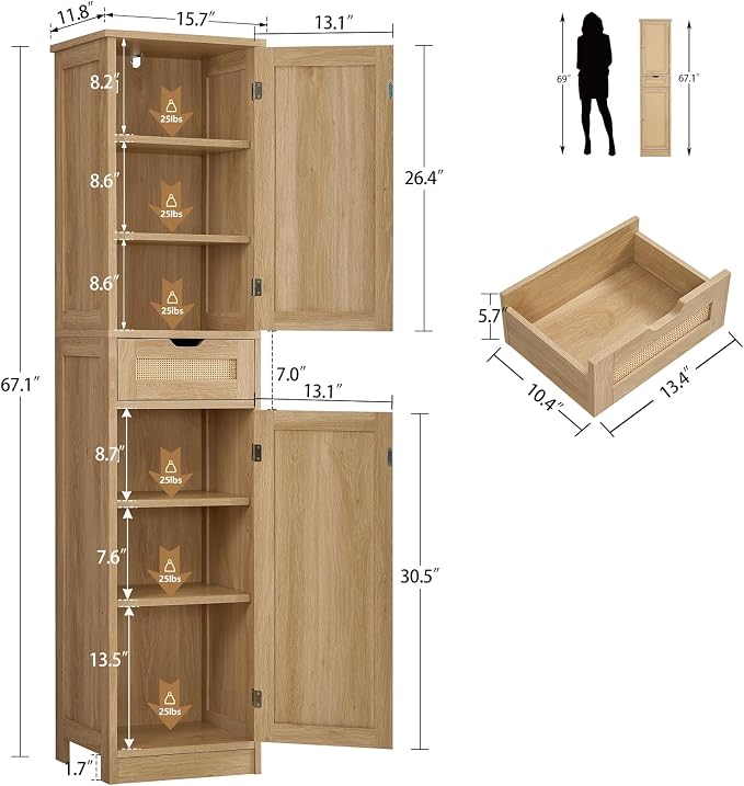 Iwell Tall Narrow Storage Cabinet with Doors, Rattan Cabinet with Adjustable Shelves, Freestanding Linen Storage for Living Room, Entryway, Kitchen, Bathroom, Natural - Image 3