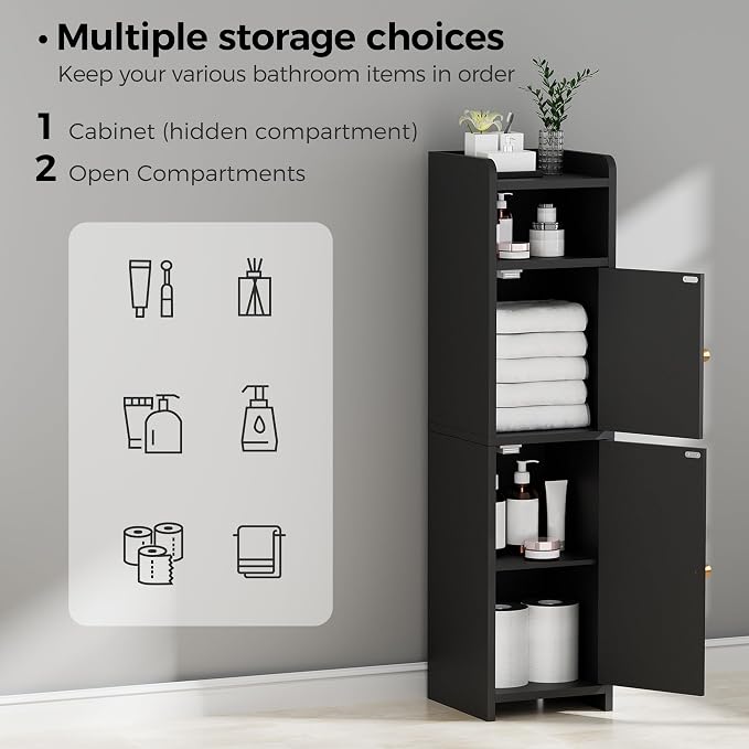 BEWISHOME Small Bathroom Storage Cabinet, 2 Doors Narrow Bathroom Cabinet | Storage Cabinet with Adjustable Shelves, Narrow Toilet Paper Cabinet 7.9"D x 7.9"W x 31.5"H, for Small Spaces, Black YYG03B - Image 5