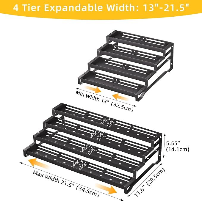 Spice Rack Organizer for Cabinet, 13-21.5" Expandable Spicy Shelf | 11.6" Depth 4-Tier Black Metal Seasoning Organizer, Kitchen Spice Organization, Slip-Resistant Guardrails for Jars and Cans - Image 2
