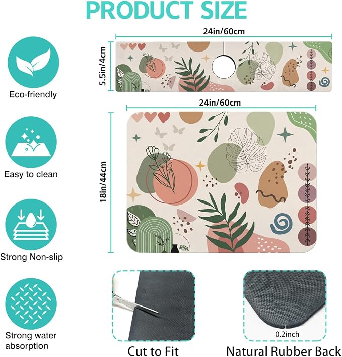 Dish Drying Mat for Kitchen Counter Matt, 2PCS 24"x18" Dish Drainer Mat & 24"x5.5" Sink Splash Guard, Super Absorbent Non-slip Rubber Backed - Image 2