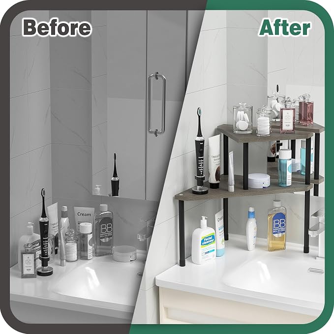 Weenson Bathroom Counter Organizer Over Sink Organizer for Toiletries, Makeup, Kitchen Countertop Organizer Spice Rack for Salt, 2-Tier Corner Counter Shelf for Coffee Area Storage(Rustic Grey) - Image 7