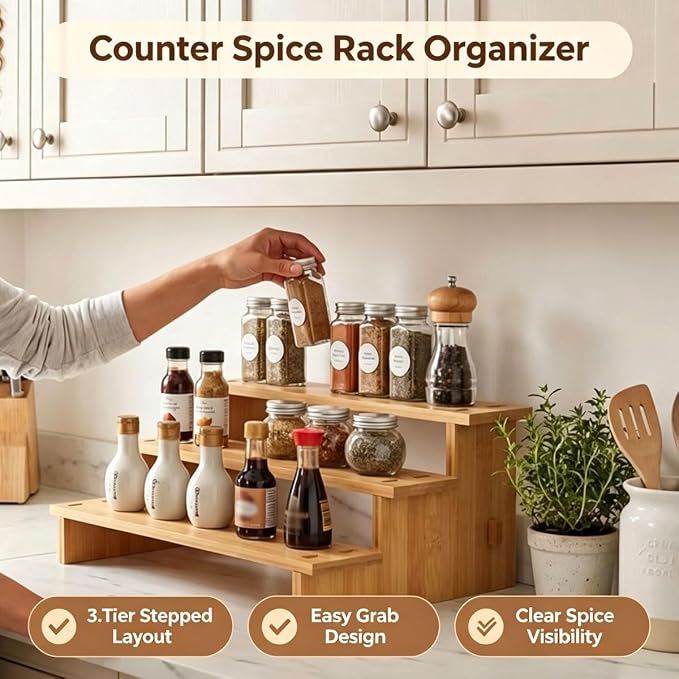 JinDoWin 3 Tiered Spice Rack Organizer for Cabinet,Spice Organization for Cabinet, Seasoning Organizer,Spice Shelf and Spice Organizer for Cabinet,Pantry Organizers and Storage (2 Pack, Small) - Image 9