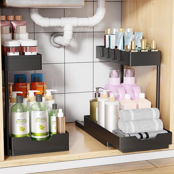 Simple Trending Under Sink Organizer 2 Pack, 2 Tier with Sliding Basket | Multi-Use Cabinet Organizer for Kitchen & Bathroom, Sink Storage Basket with 4 Hooks, L-shape, Easy Assembly, Black by SimpleTrending
