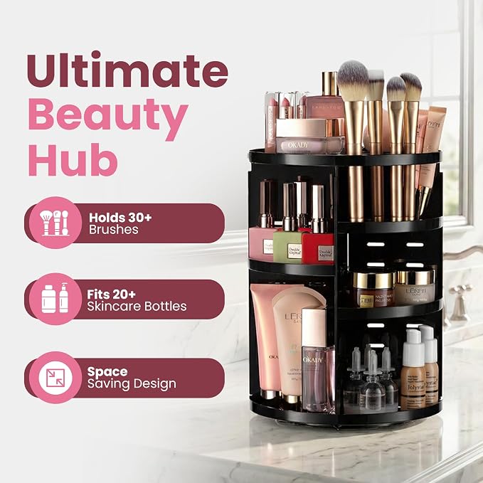 Masirs 360 Rotating Makeup Organizer Countertop, Adjustable Shelf, Black | 360-Degree Rotating Makeup Organizer, Adjustable Shelf Height, Cosmetic Perfume Skincare Storage, Vanity Countertop, Black - Image 2