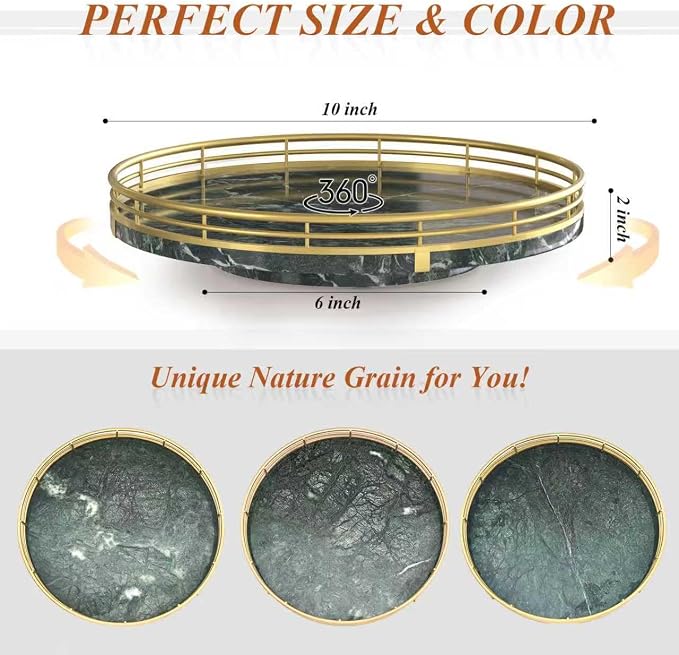 AMH 10-Inch Green Marble Lazy Susan with Gold Frame | Smooth rotating oak tray with walnut finish for dining tables, kitchen counters, pantries and cabinet storage. - Image 7
